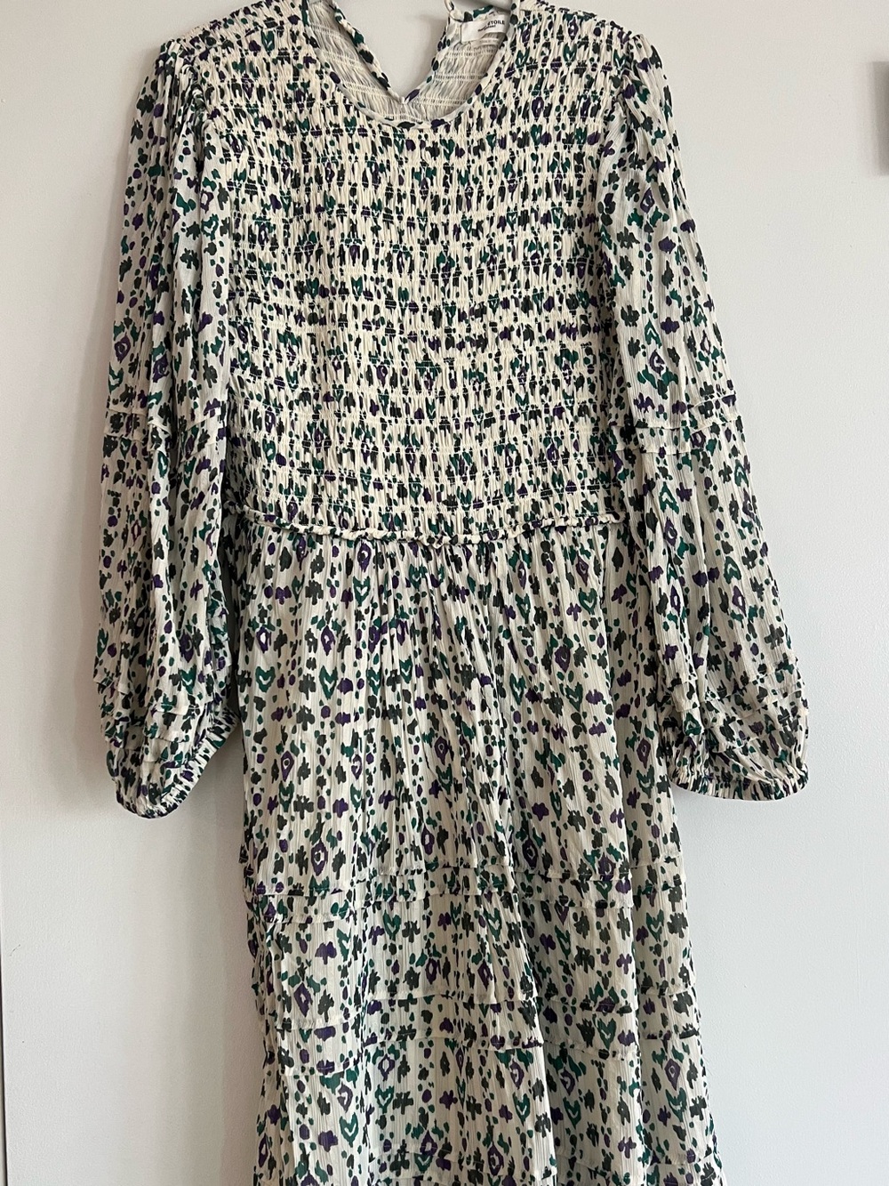 Isabel Marant Étoile Green & Purple Printed Smocked Long Sleeve Midi Dress
